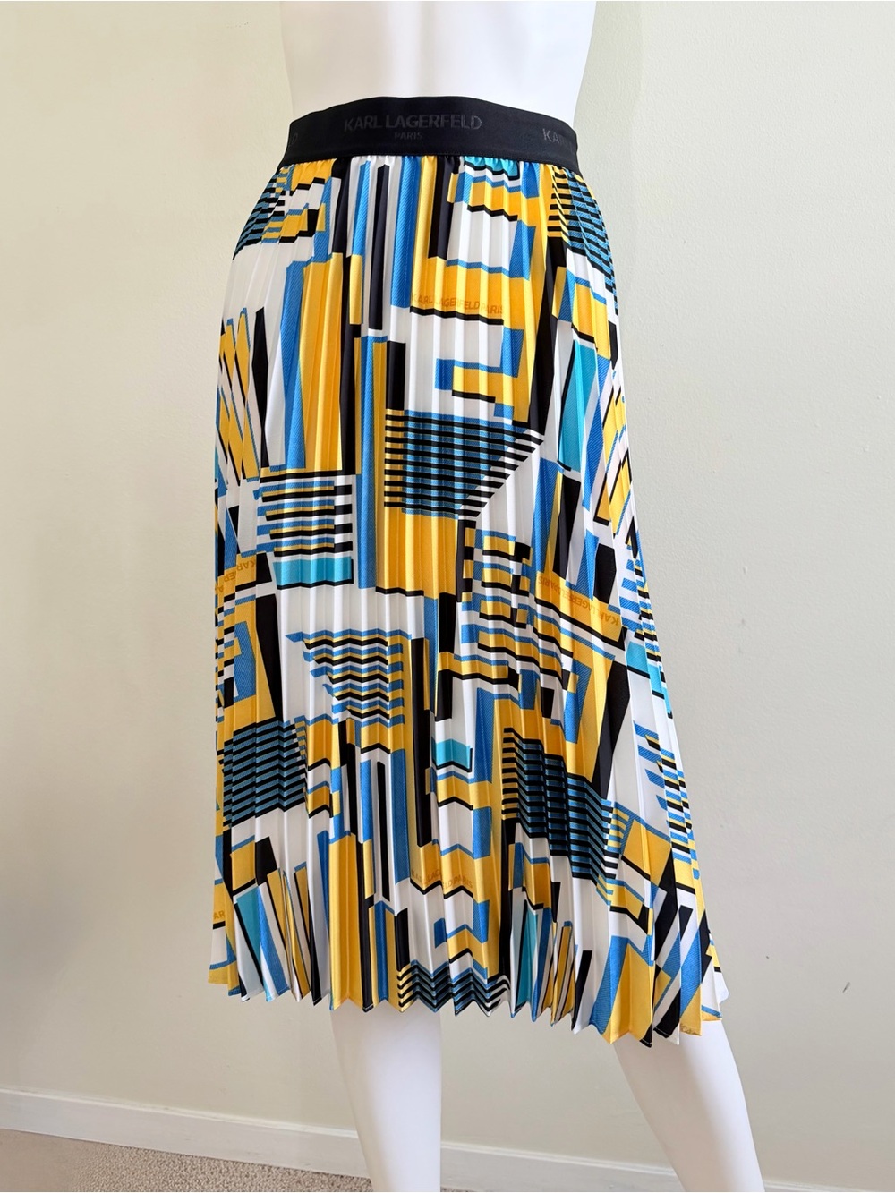Karl Lagerfeld Geometric Pleated Midi Skirt in Yellow, Blue, Black, White